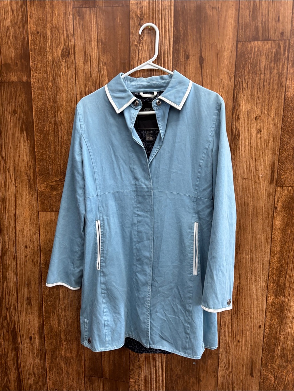 Coach Light Blue Trench Coat with White Trim